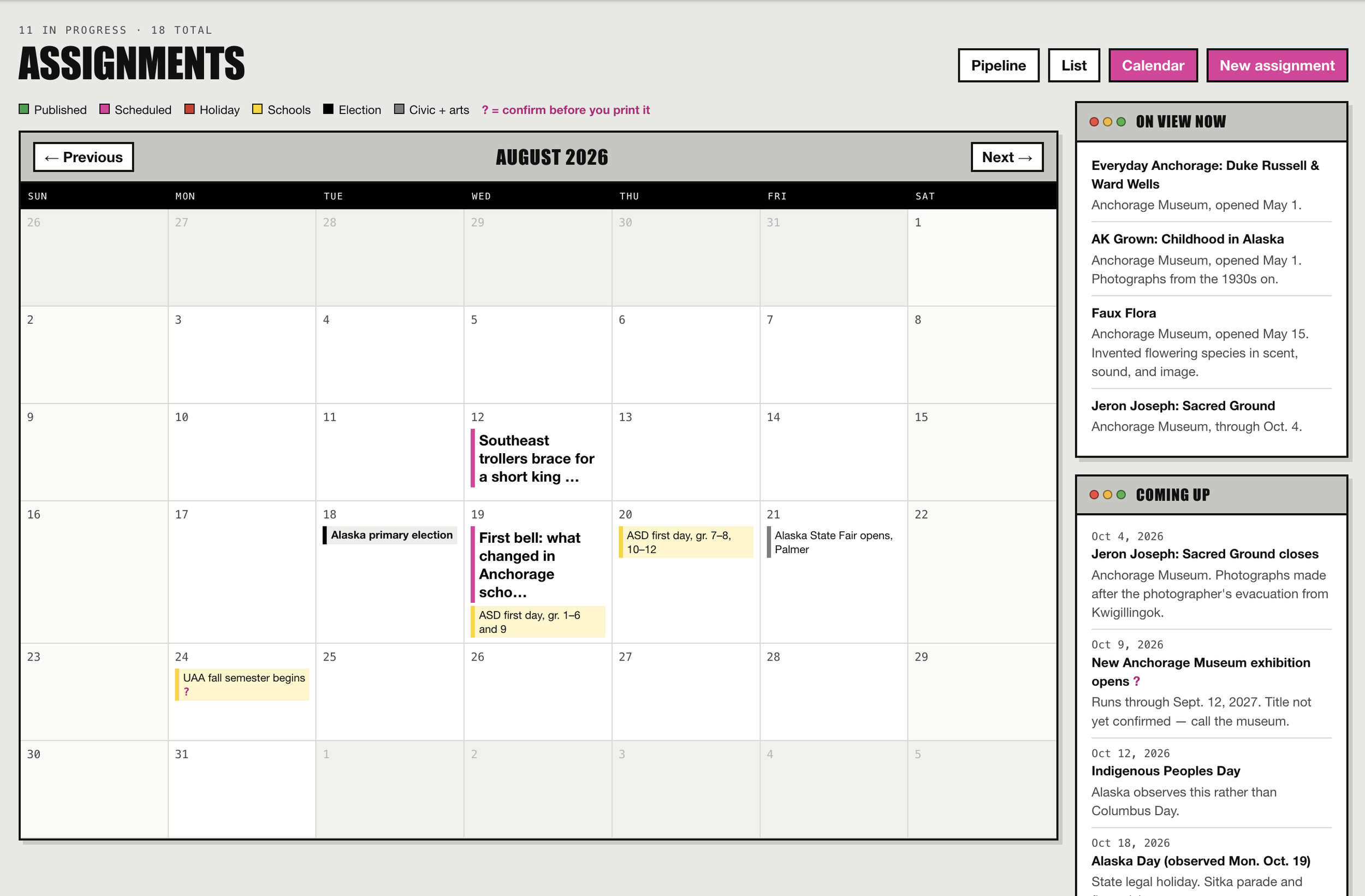 Editorial calendar combining assignments with civic, arts, and seasonal events