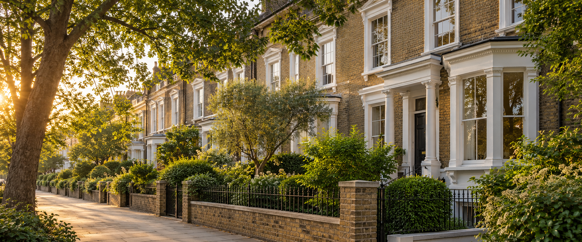 Illustration of Stockwell-style period homes in golden-hour light