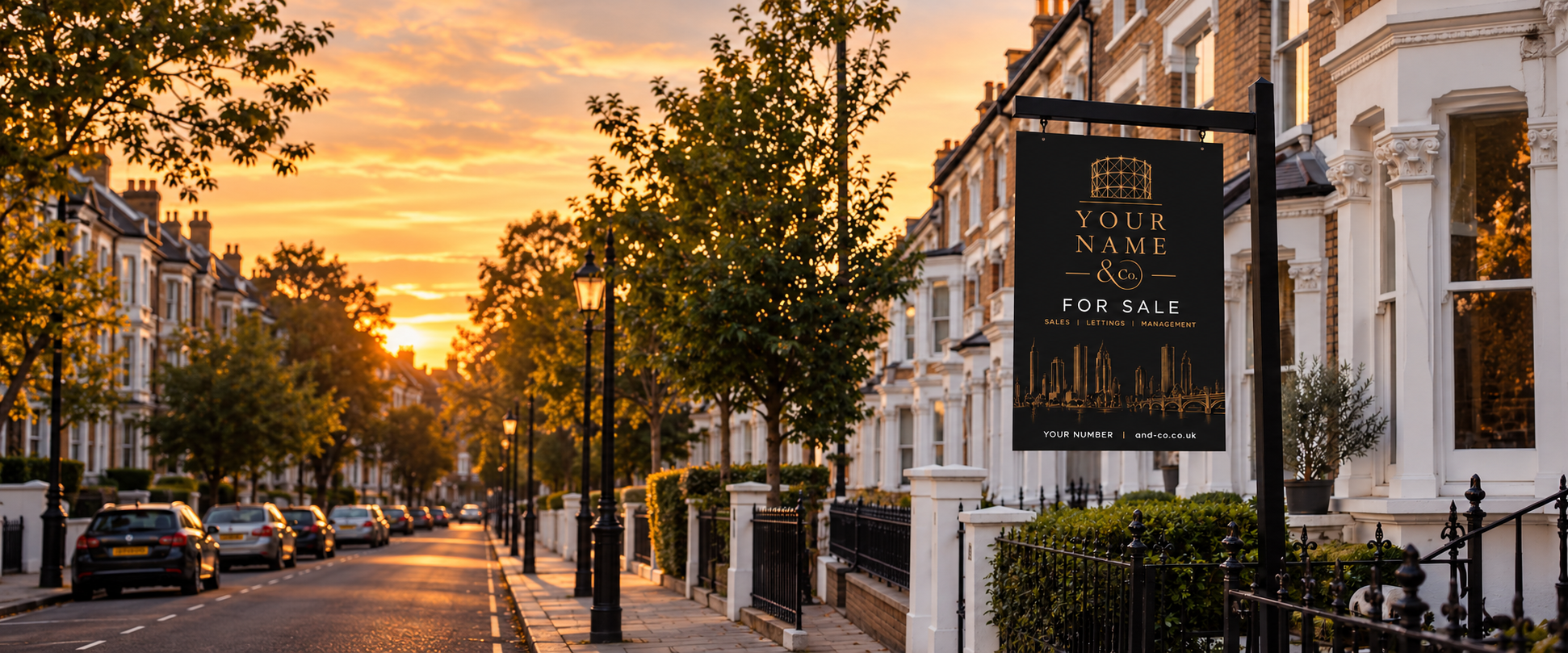Your Name & Co black and gold For Sale board outside a London terrace at sunset
