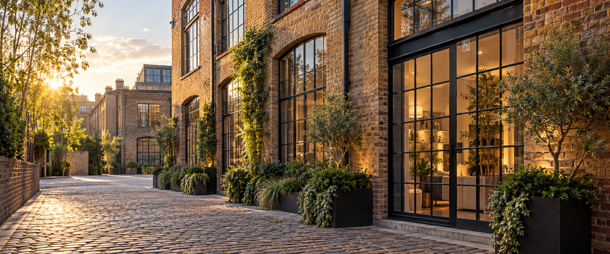 Illustration of Borough-style warehouse-style homes inspired by Borough’s brick architecture in golden-hour light