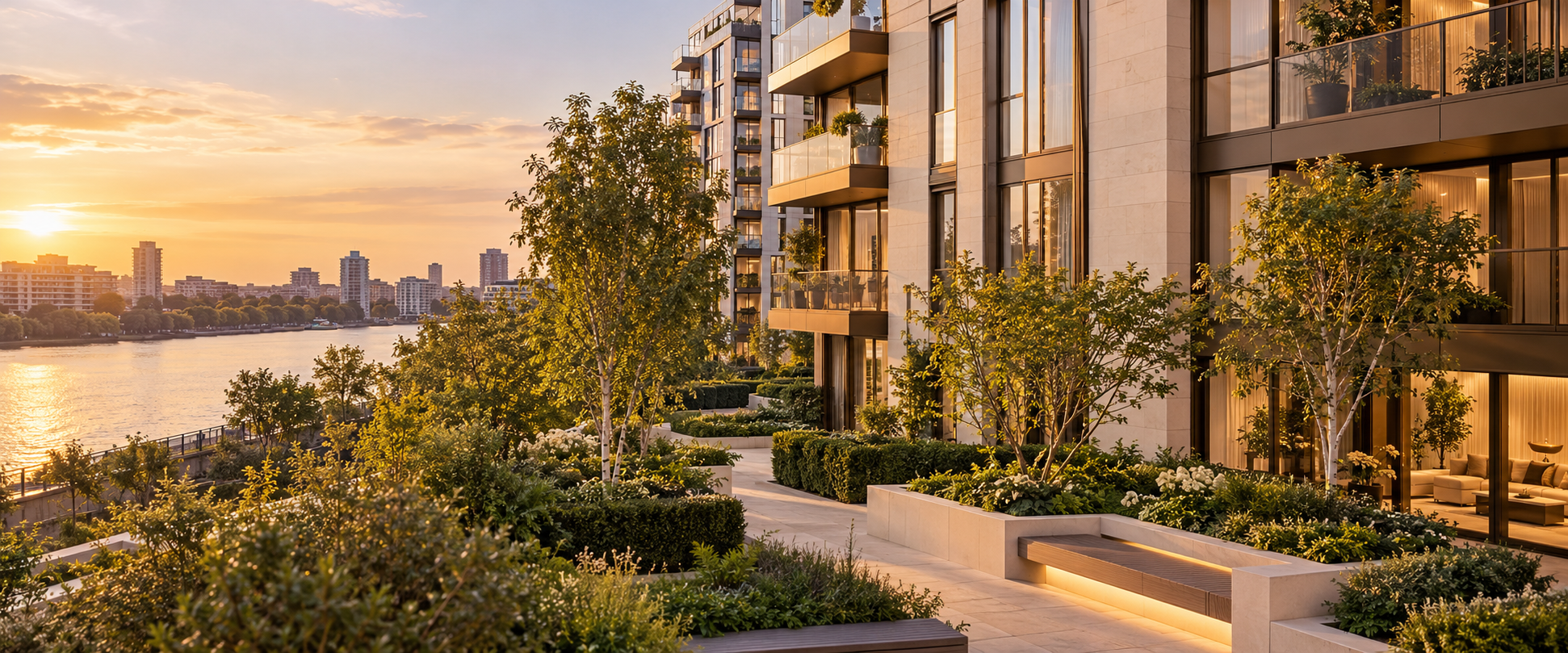 Illustration of Battersea Power Station-style contemporary riverside apartments inspired by the Power Station neighbourhood in golden-hour light