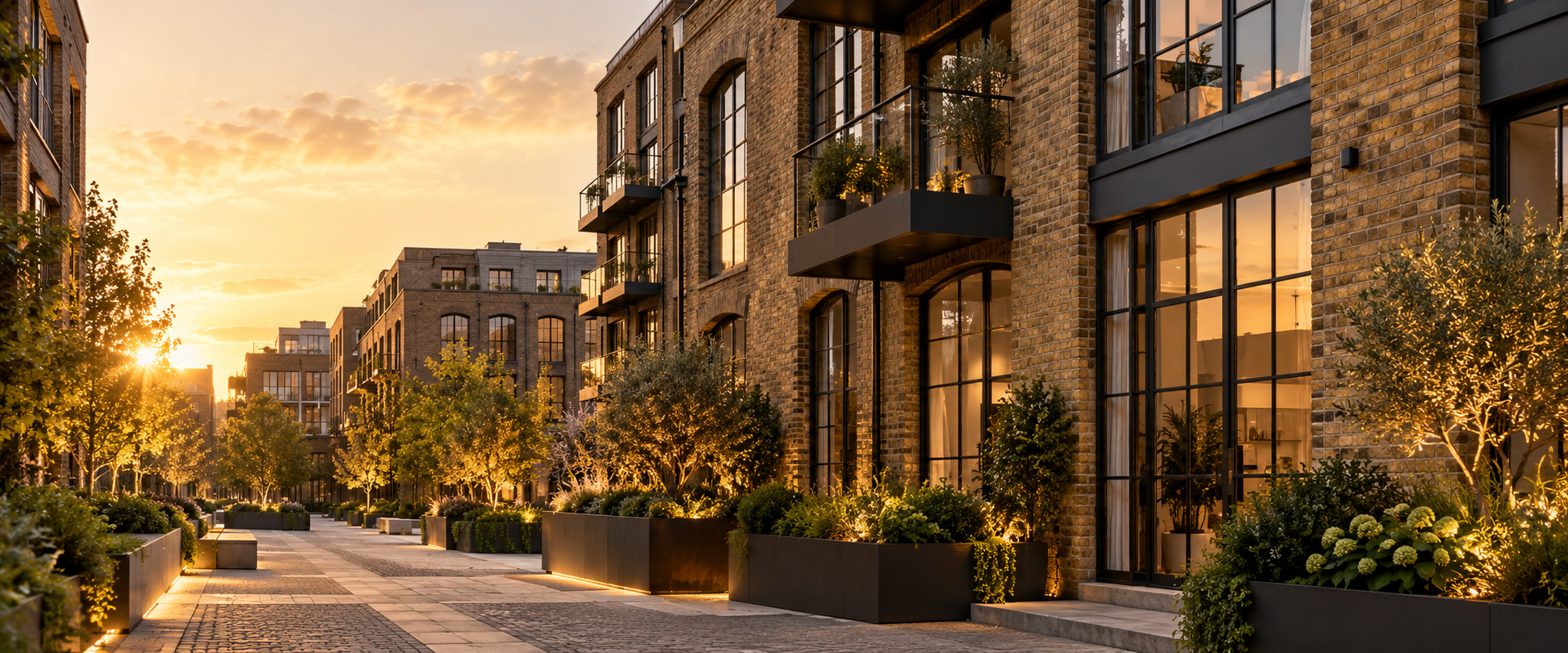 Illustration of London Bridge-style brick warehouse-style residences inspired by the London Bridge area in golden-hour light