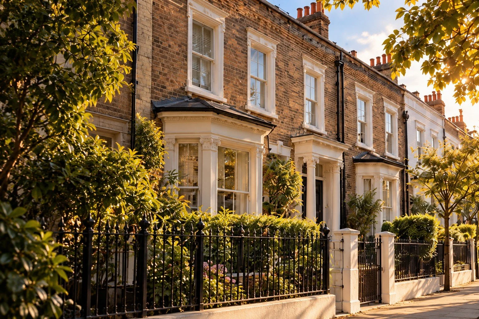 Victorian brick terrace homes in warm evening light