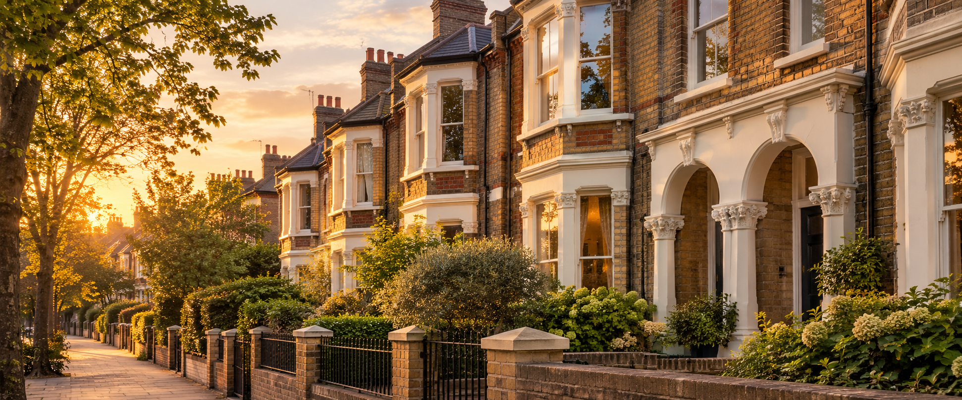 Illustration of Brixton-style period residential terraces inspired by Brixton in golden-hour light