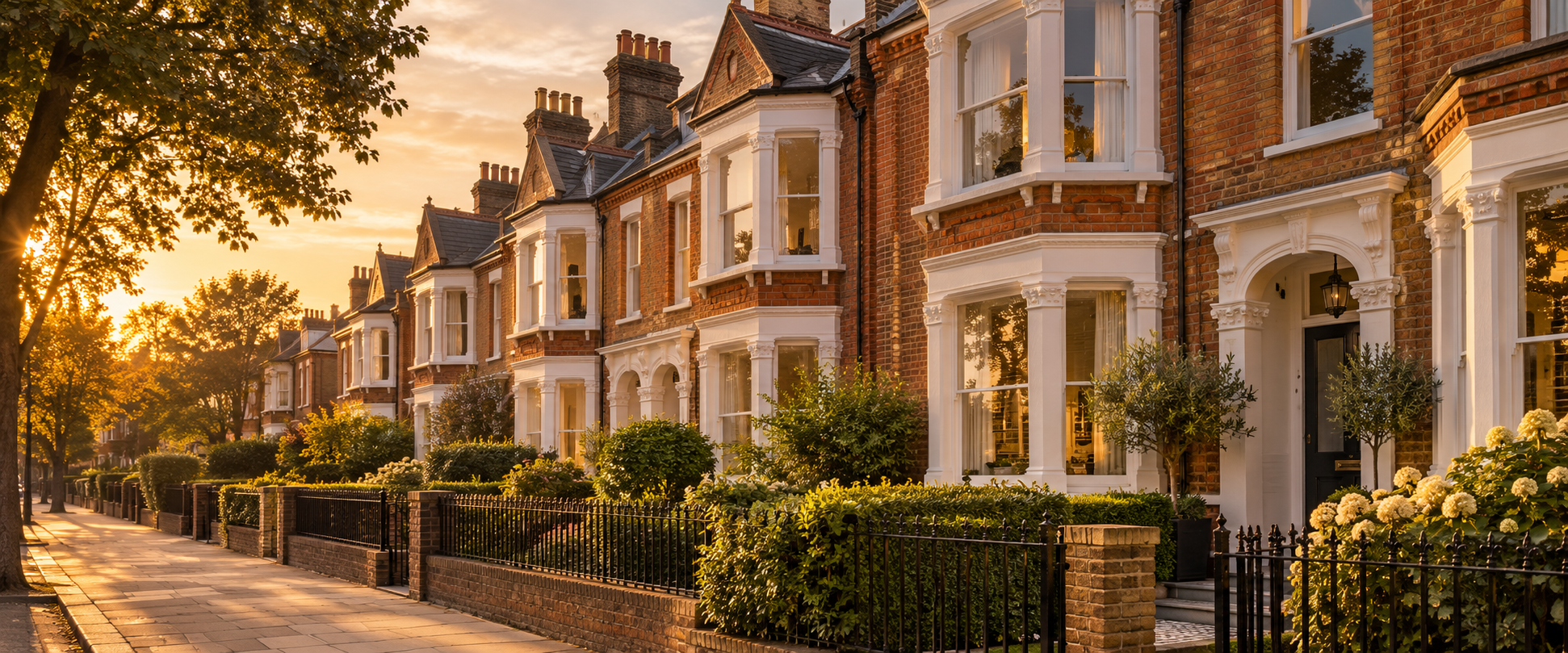 Illustration of Clapham-style Victorian bay-fronted homes inspired by Clapham in golden-hour light