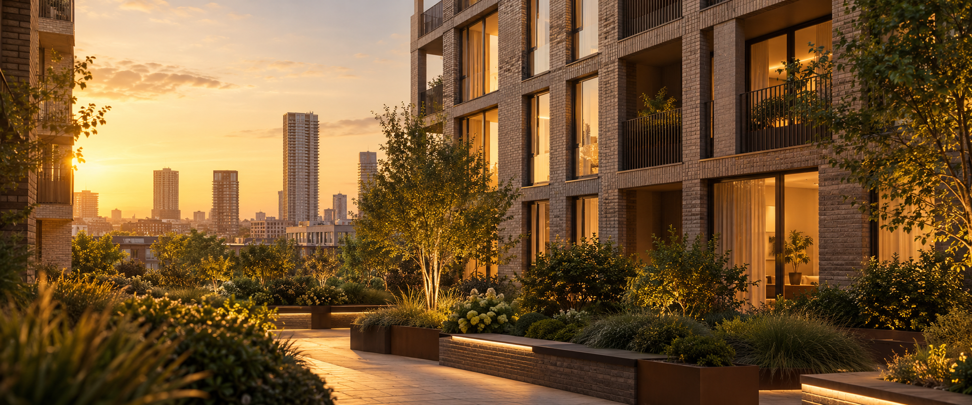 Illustration of Elephant & Castle-style contemporary brick apartments inspired by Elephant and Castle in golden-hour light