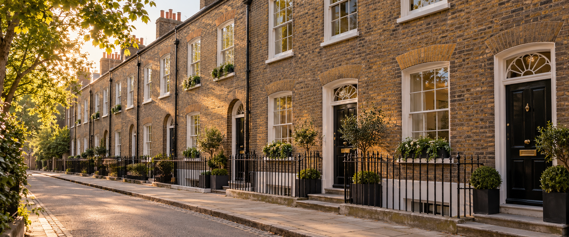 Illustration of Waterloo & South Bank-style brick terraces inspired by Waterloo’s historic residential streets in golden-hour light