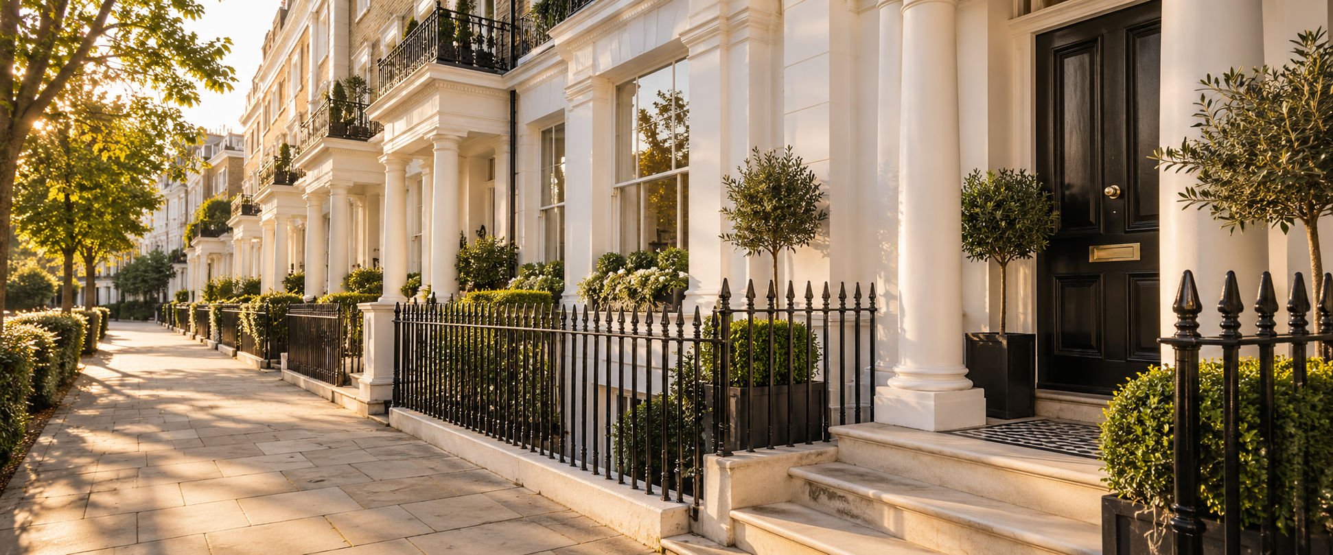 Illustration of Pimlico-style stucco terraces in golden-hour light