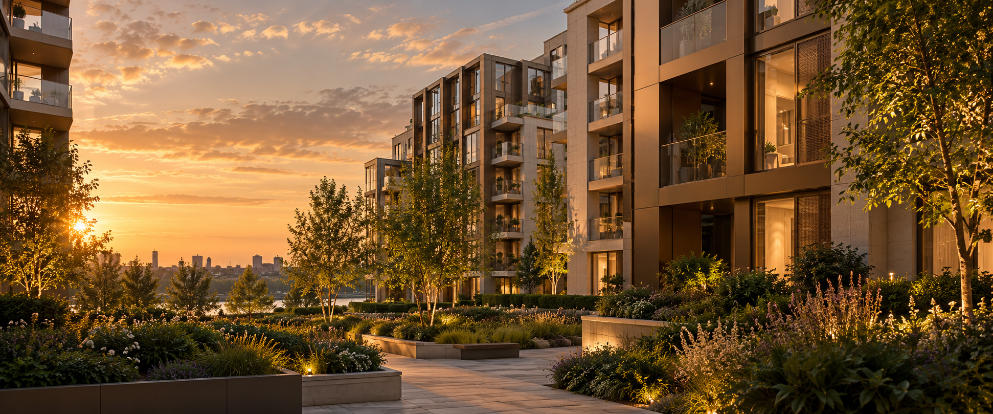 Illustration of Nine Elms-style contemporary apartments and landscaped gardens inspired by Nine Elms in golden-hour light