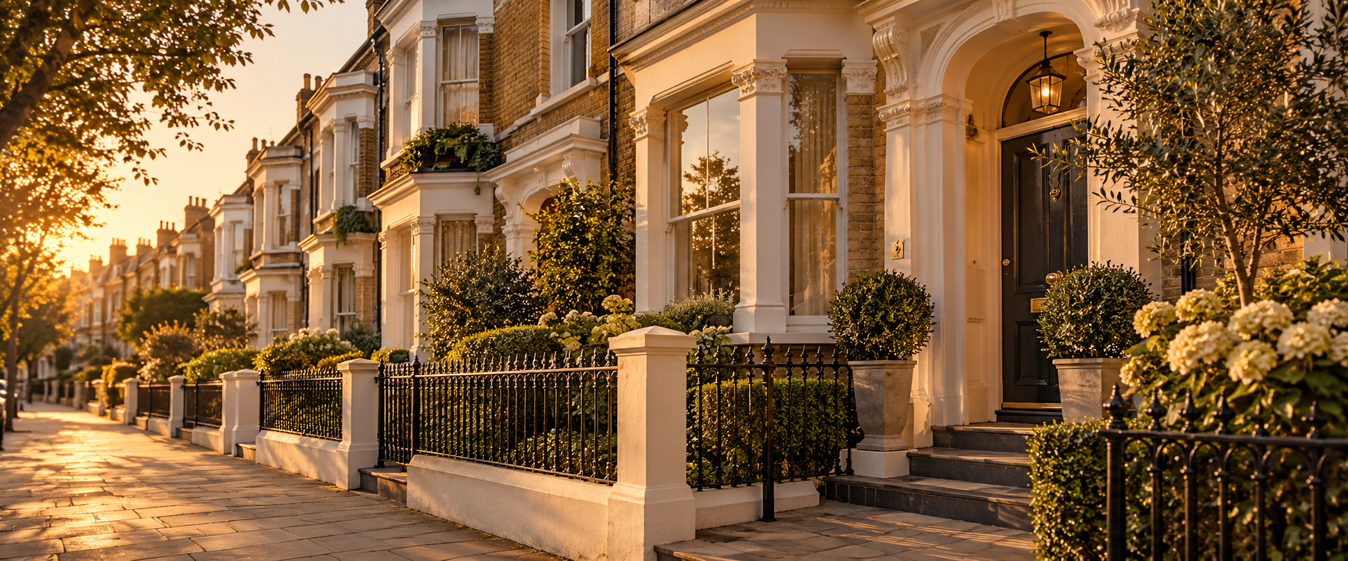 Illustration of Battersea-style period homes inspired by Battersea’s residential streets in golden-hour light