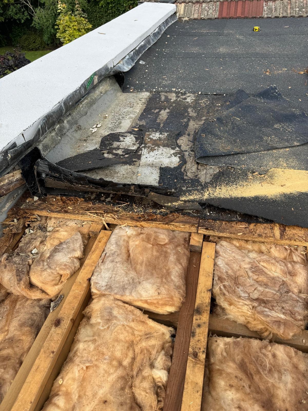 Flat roof stripped back with rotten insulation exposed in Grayshott, Hampshire by BWL Construction