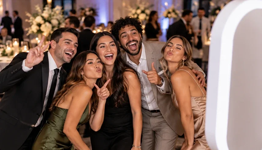 Friends laughing and posing together beside a Selfie Booth at a celebration