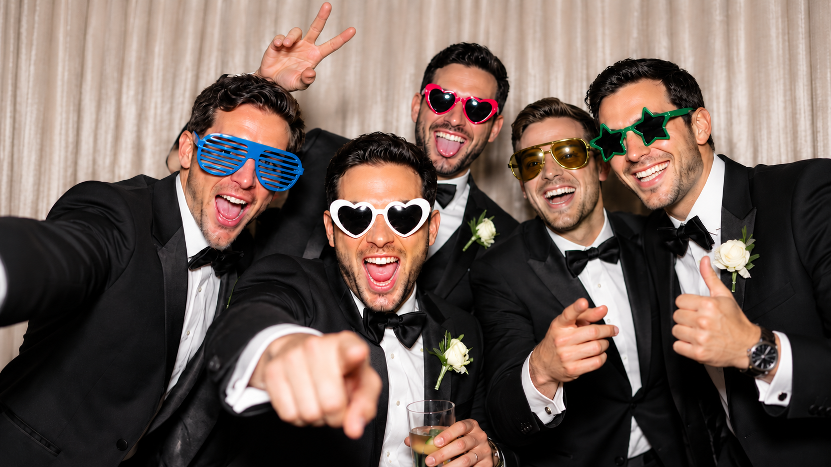Five groomsmen celebrating at a wedding photo booth with colorful novelty glasses and joyful expressions