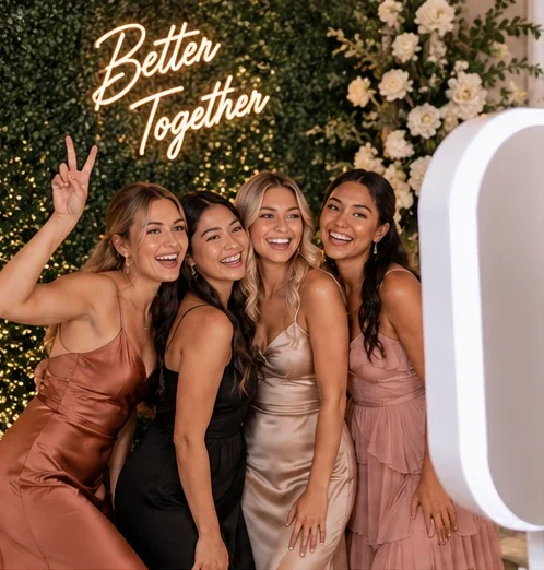 Group of wedding guests posing together for a fun Selfie Booth photograph