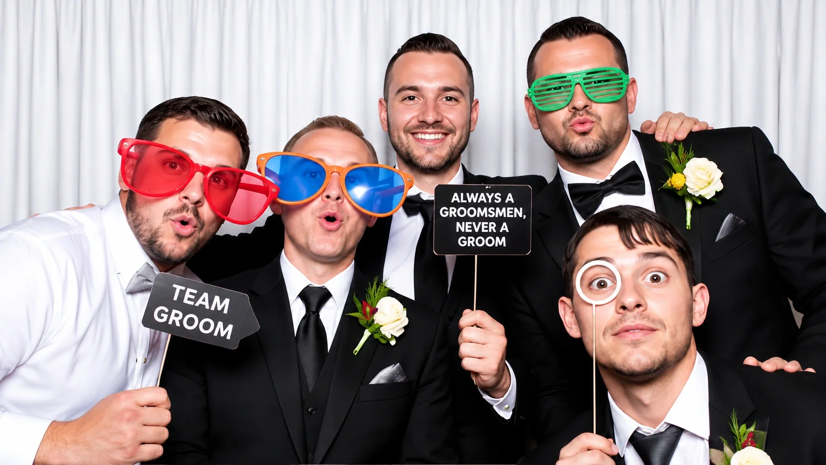 Five groomsmen posing with colorful photo booth props and oversized glasses, illustrating a fun wedding photo booth experience