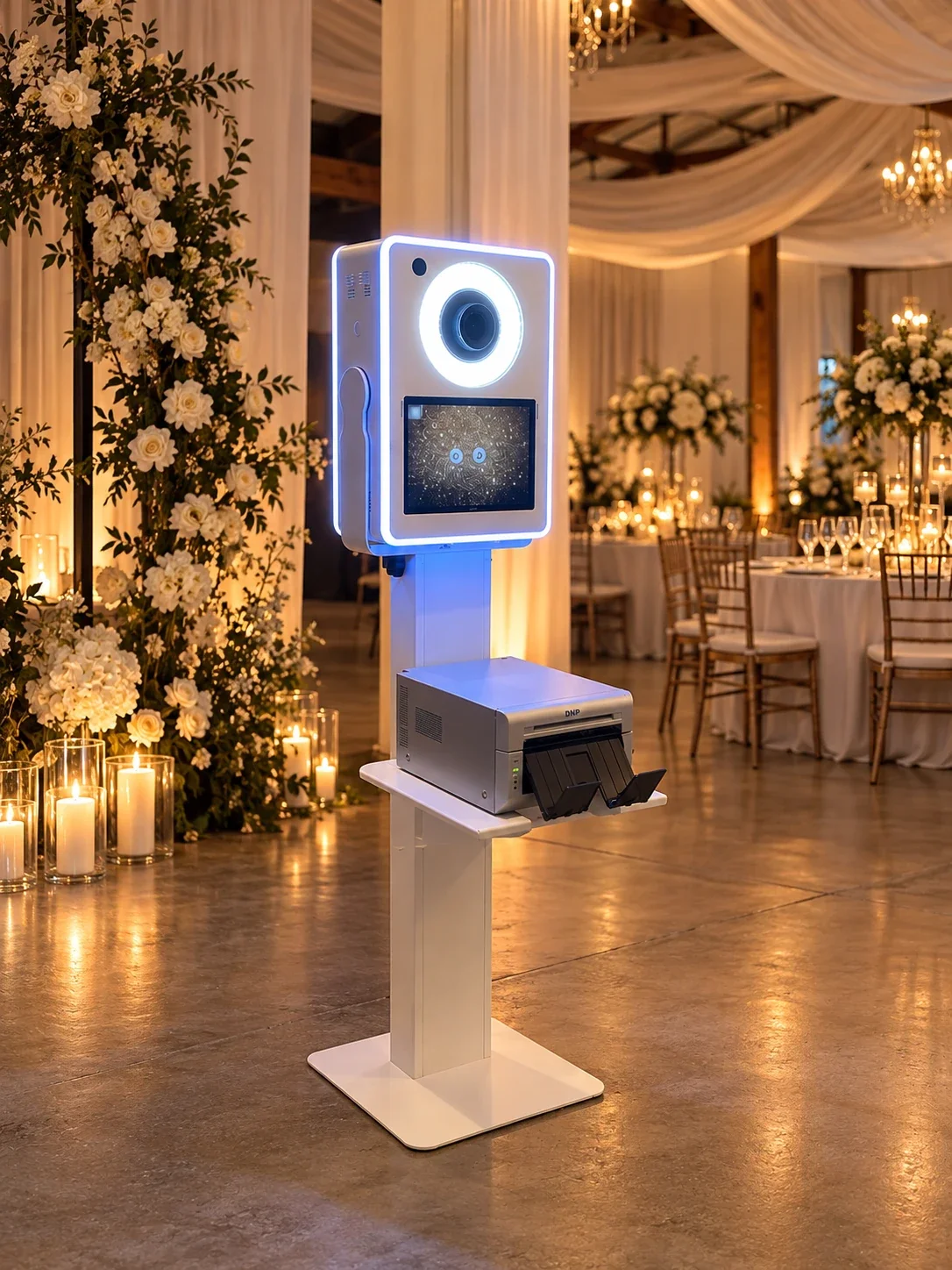 Modern Luxe illuminated white photo booth with touchscreen and printer in an elegant indoor wedding reception venue