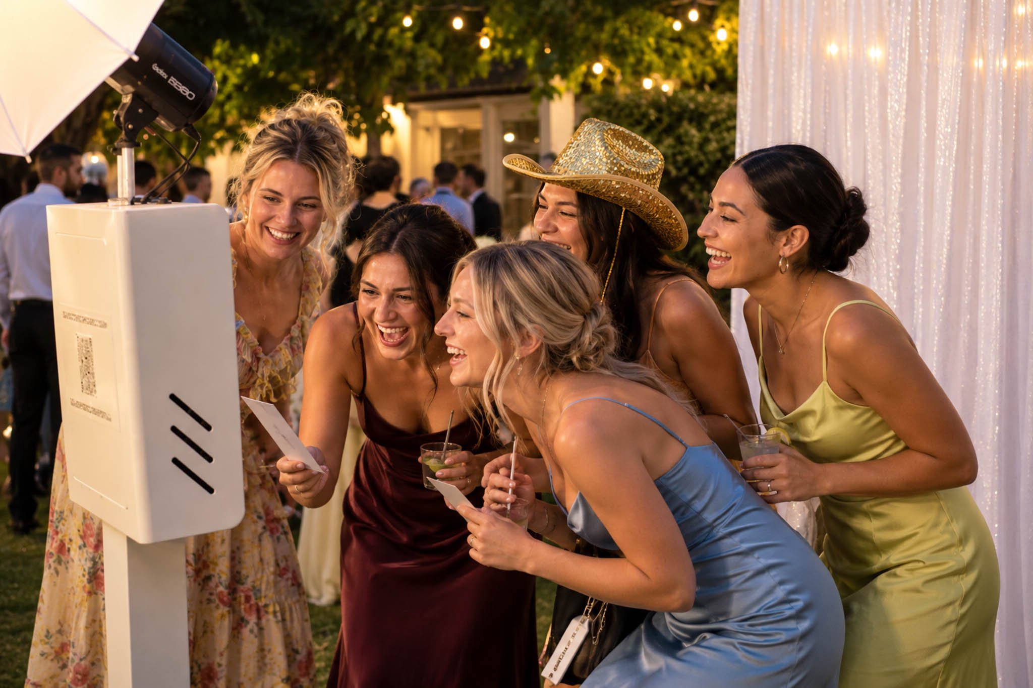 Wedding guests laughing and posing together at Creative Corner Rentals' attended photo booth