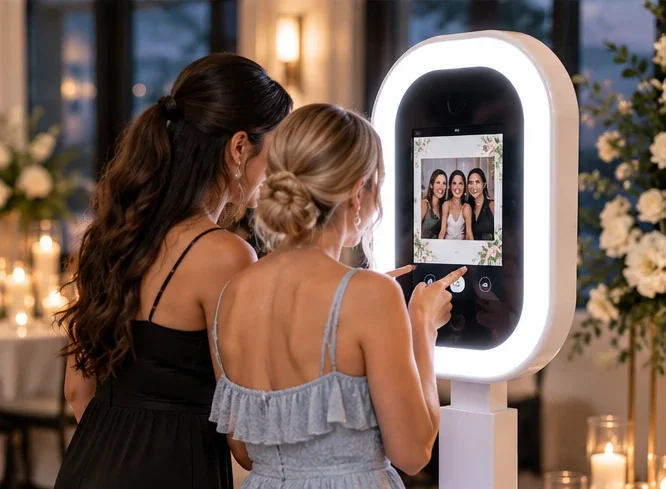 Wedding guests using the interactive touchscreen to preview their digital Selfie Booth photos
