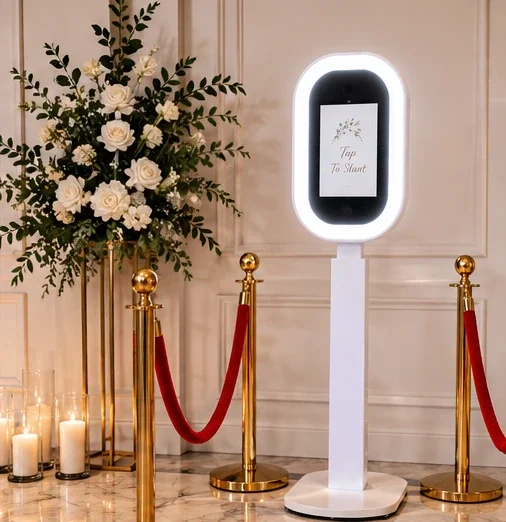 Creative Corner Rentals white digital Selfie Booth displayed at an elegant event with flowers and gold stanchions