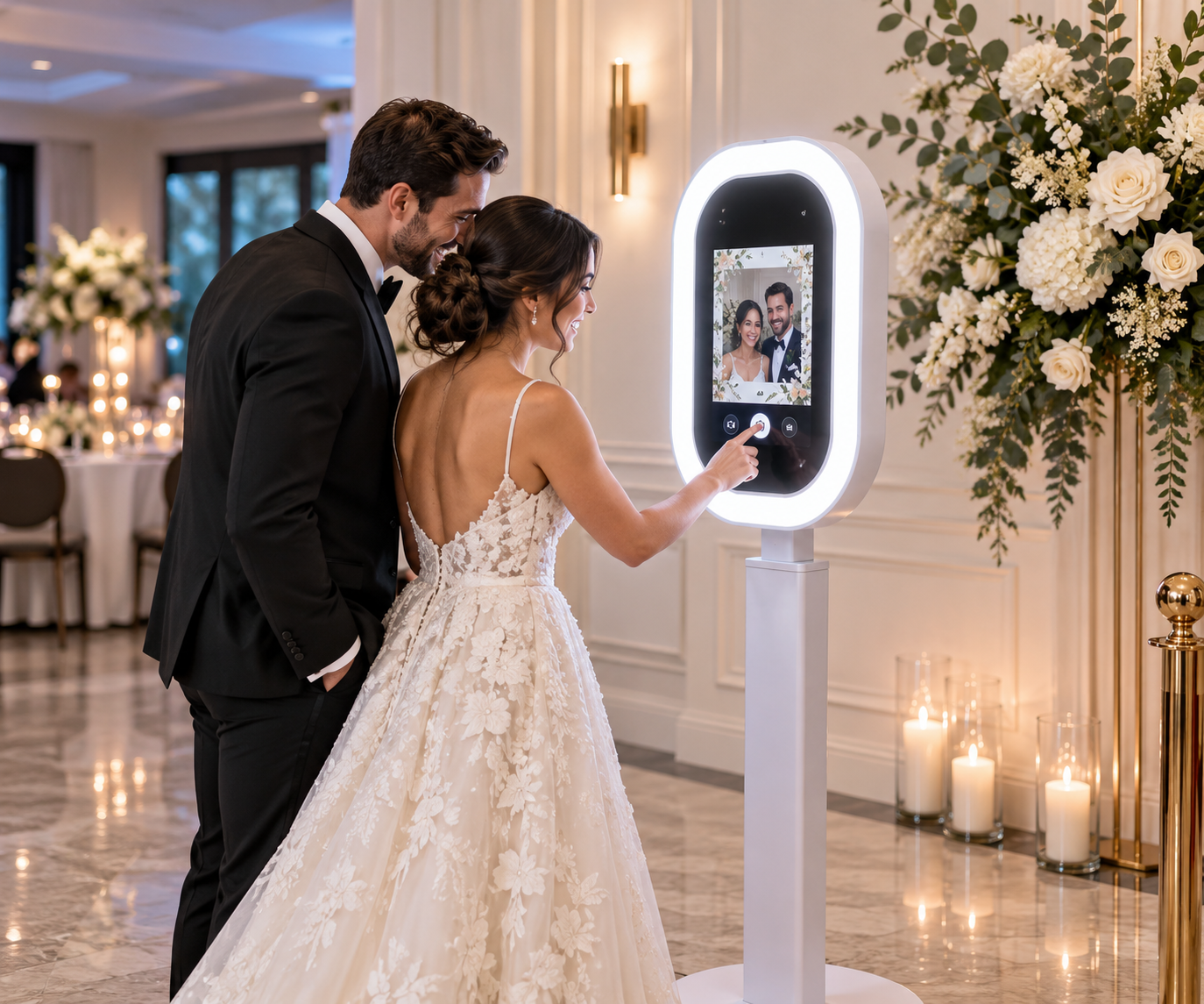 Bride and groom using Creative Corner Rentals' interactive digital Selfie Booth at a wedding reception