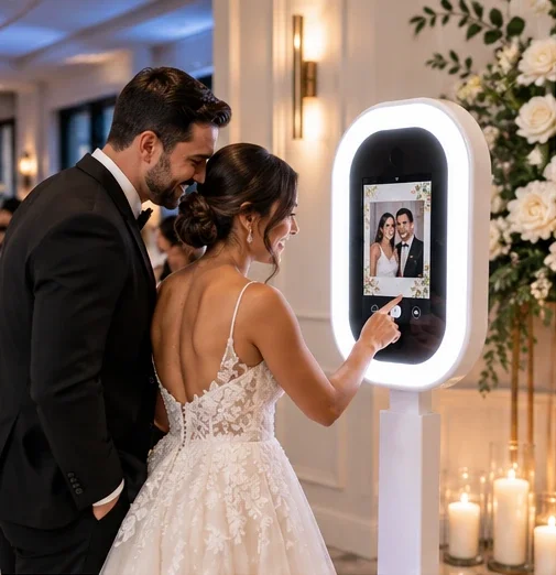 Bride and groom enjoying a digital Selfie Booth experience at a wedding reception