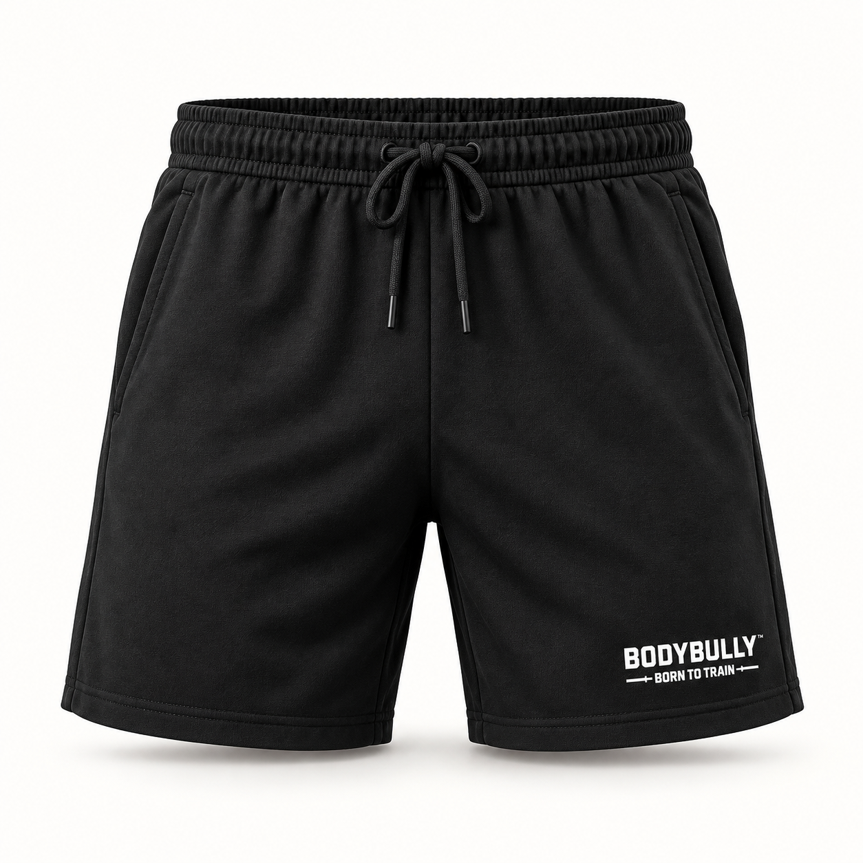 BODYBULLY™ black training shorts with white leg logo