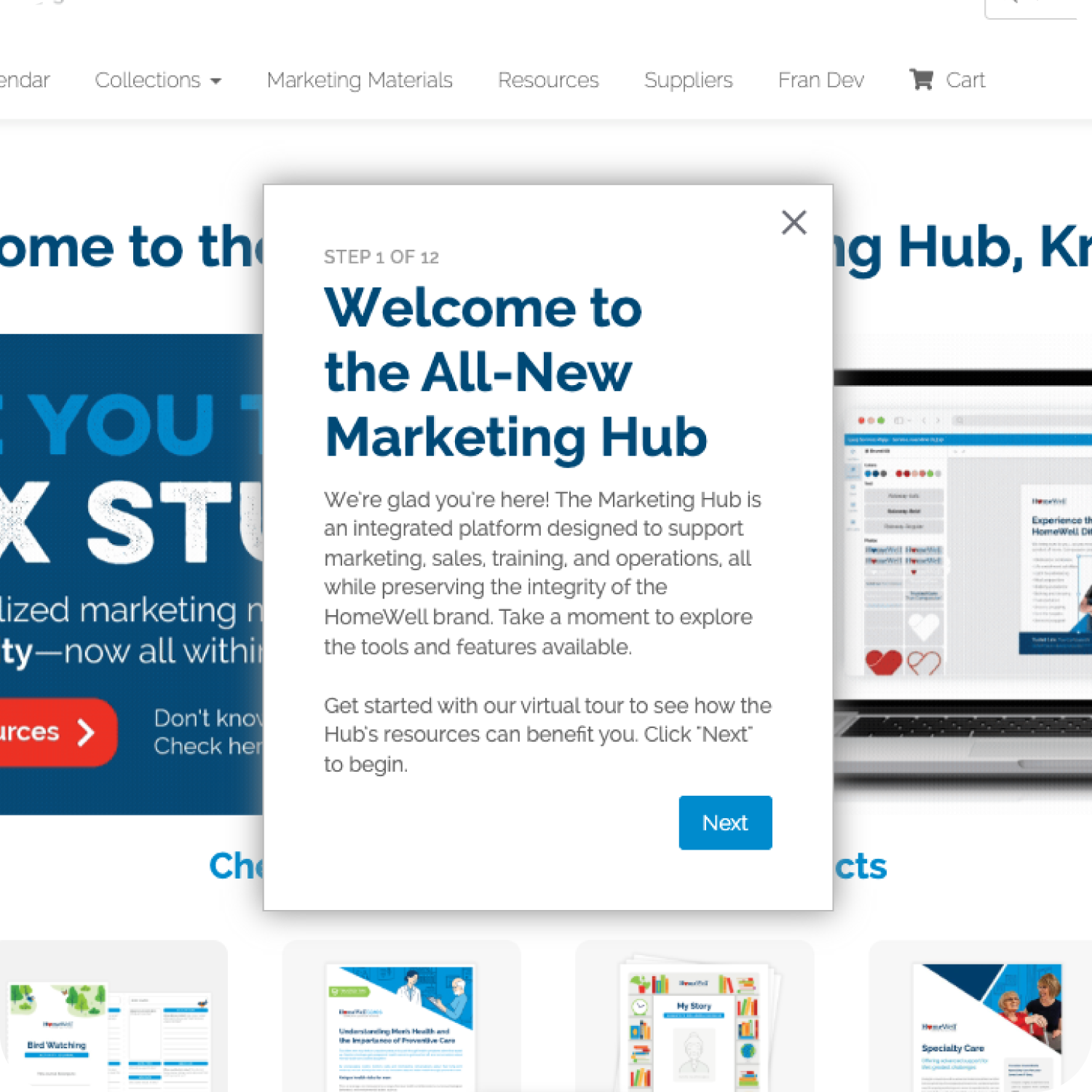 Pendo onboarding walkthrough, step 1: Welcome to the All-New Marketing Hub