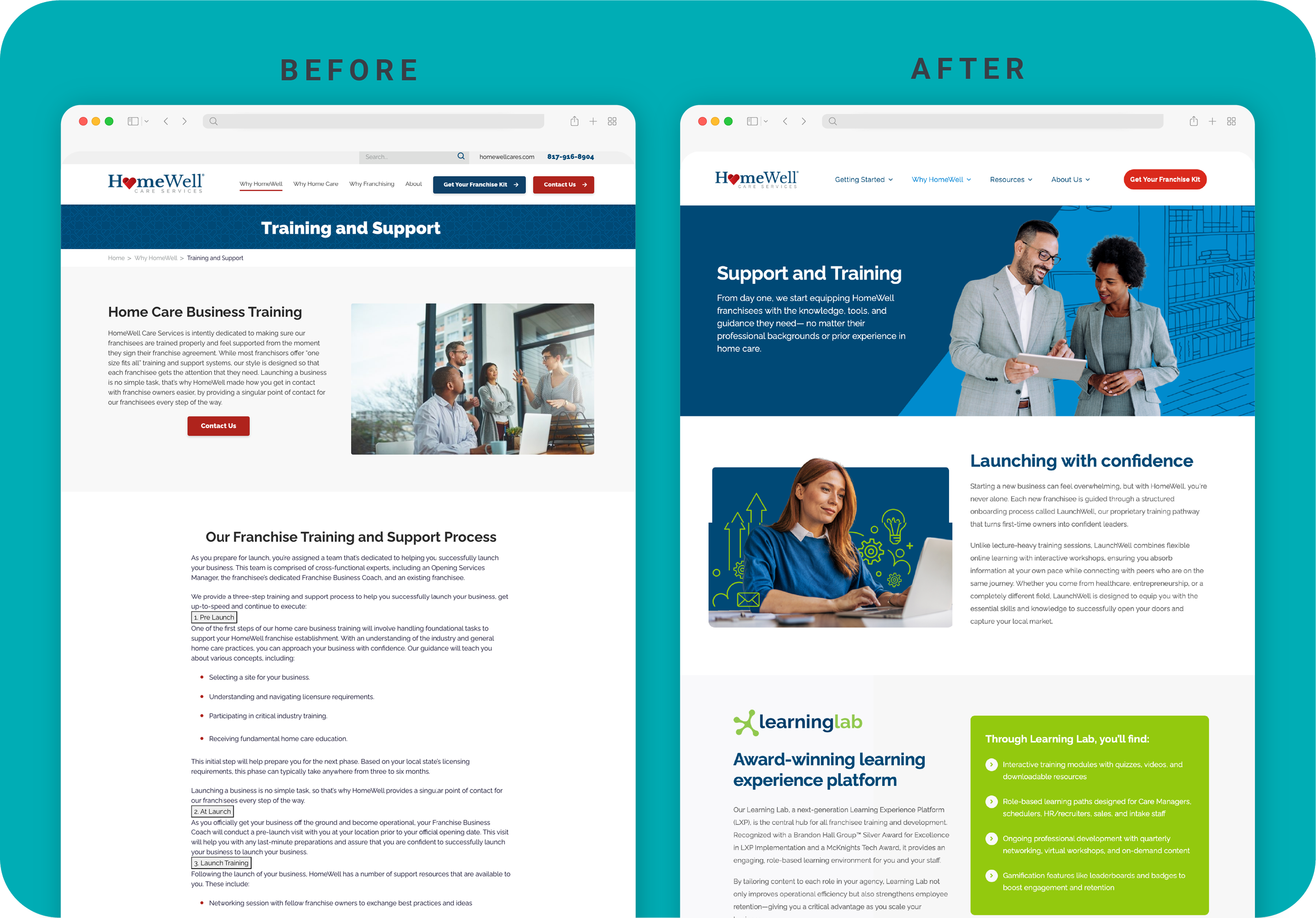 Before and after comparison of the training and support page