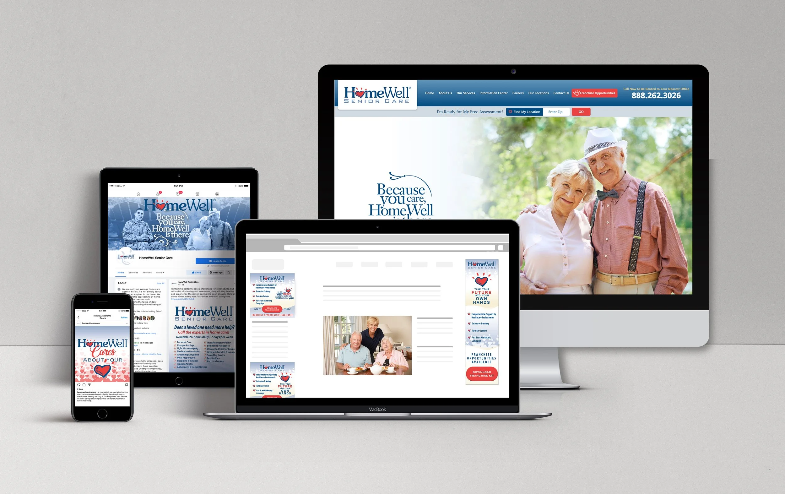 HomeWell Senior Care old digital branding across website, social, and ads