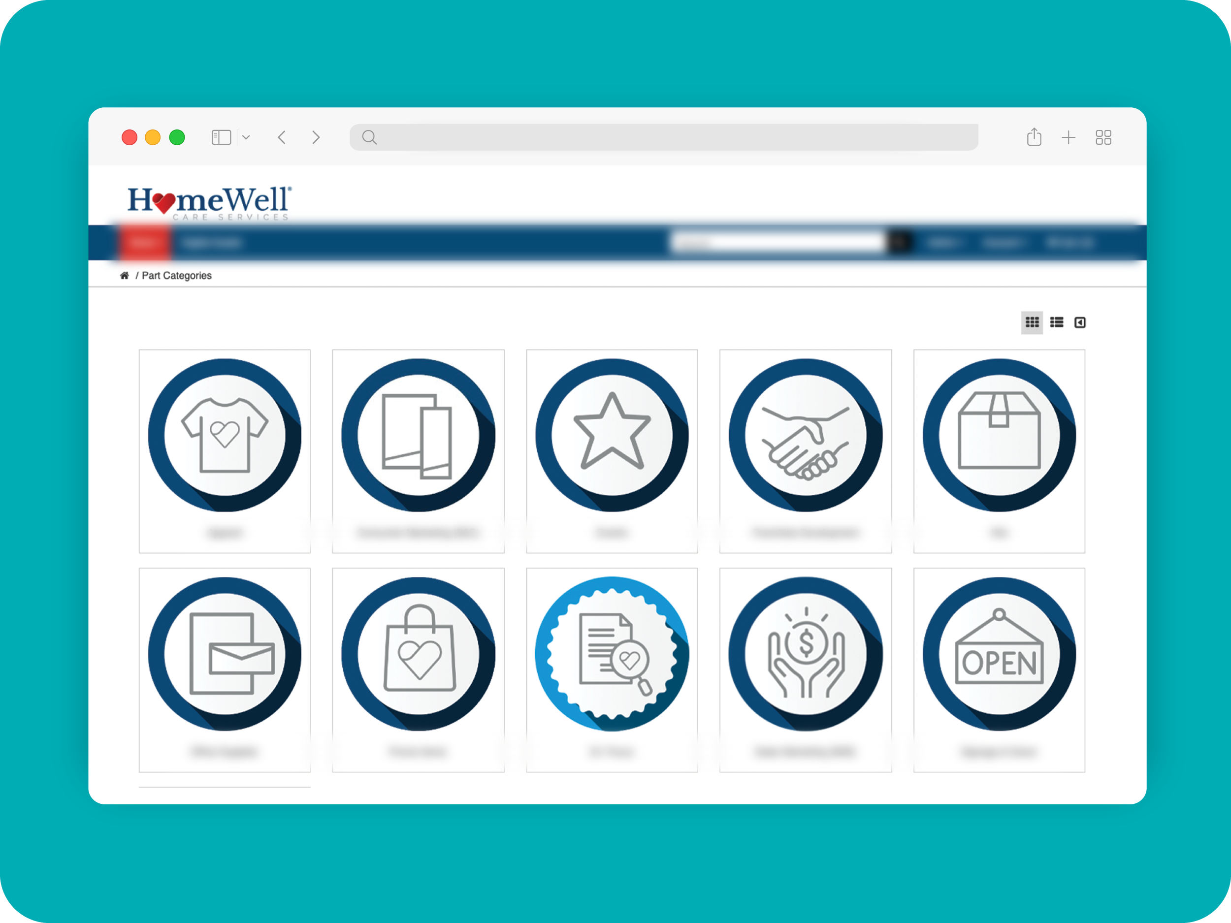 Visualogistix asset categories including apparel, consumer marketing, events, franchise development, kits, office supplies, promo items, sales marketing, and signage
