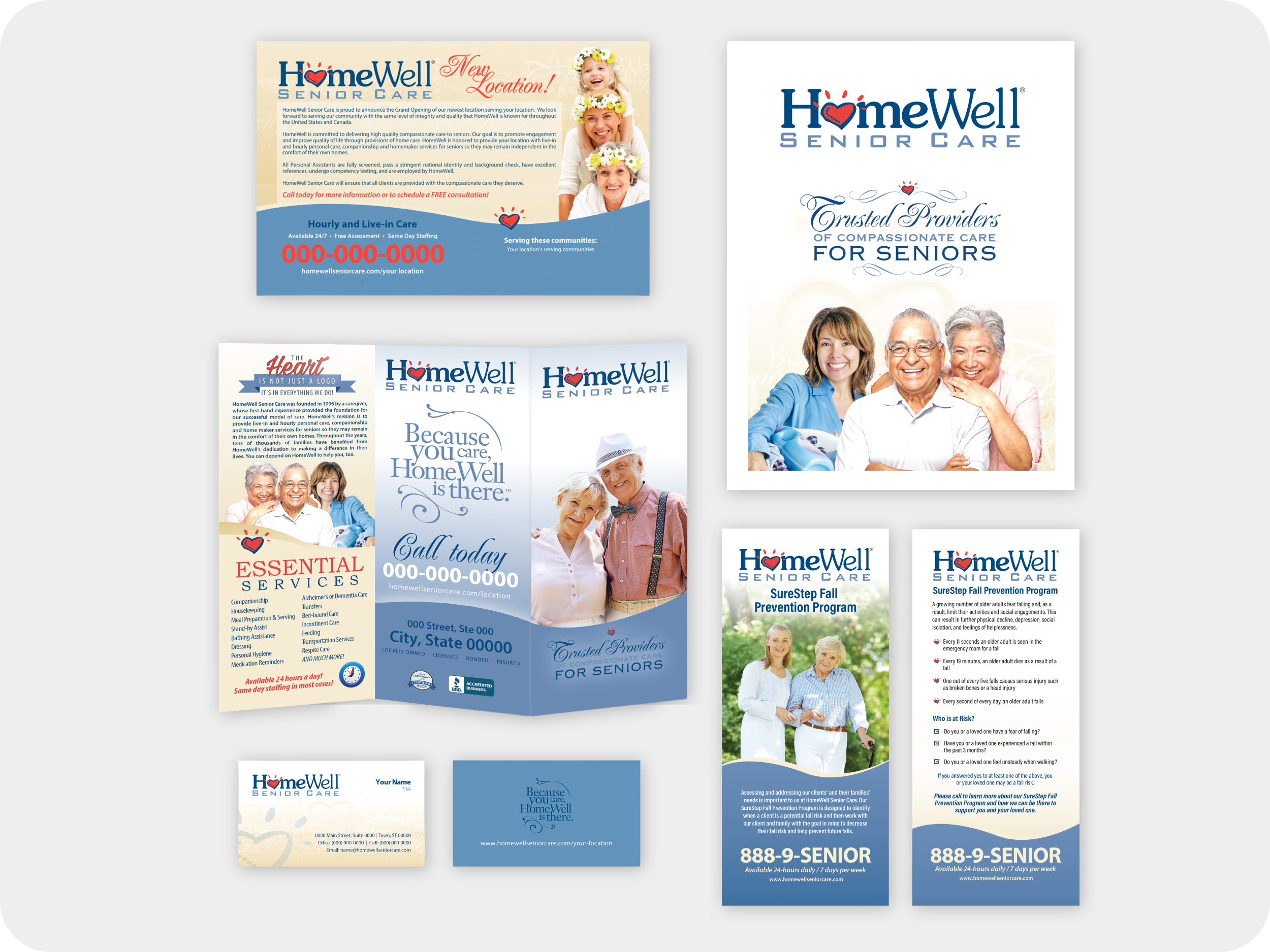 HomeWell Senior Care old print collateral including trifolds and business cards