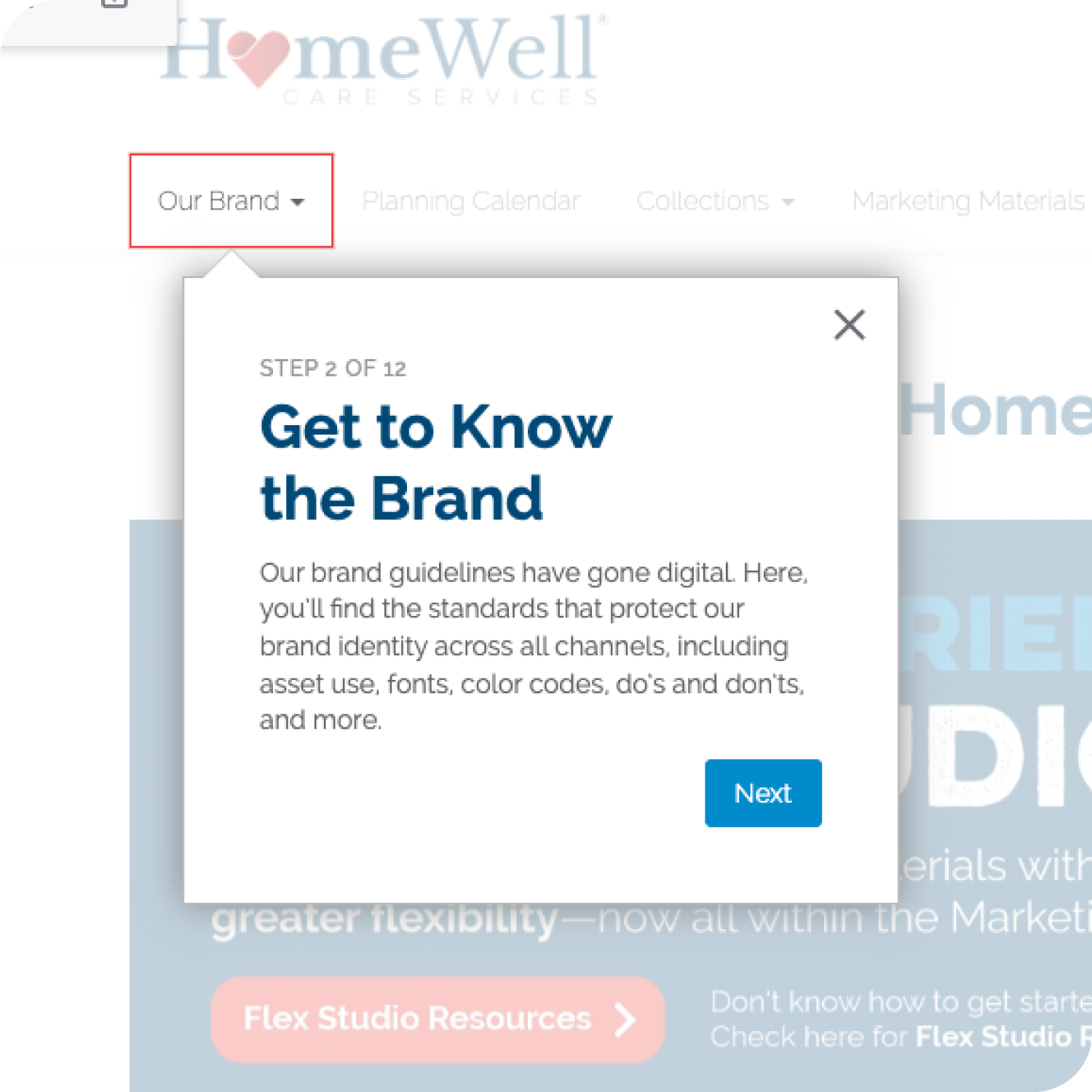 Pendo onboarding walkthrough, step 2: Get to Know the Brand