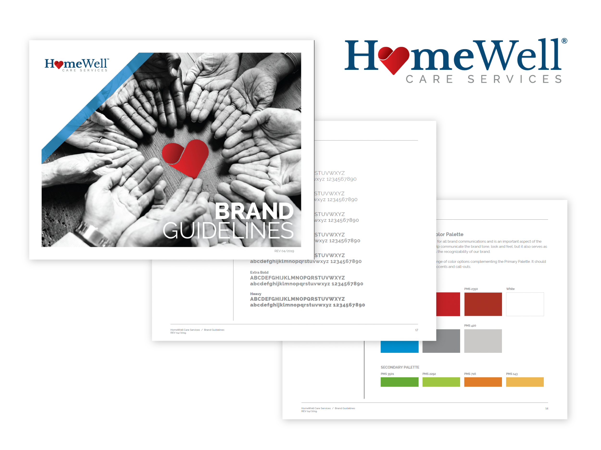 HomeWell brand guidelines showing logo, typography, and color palette