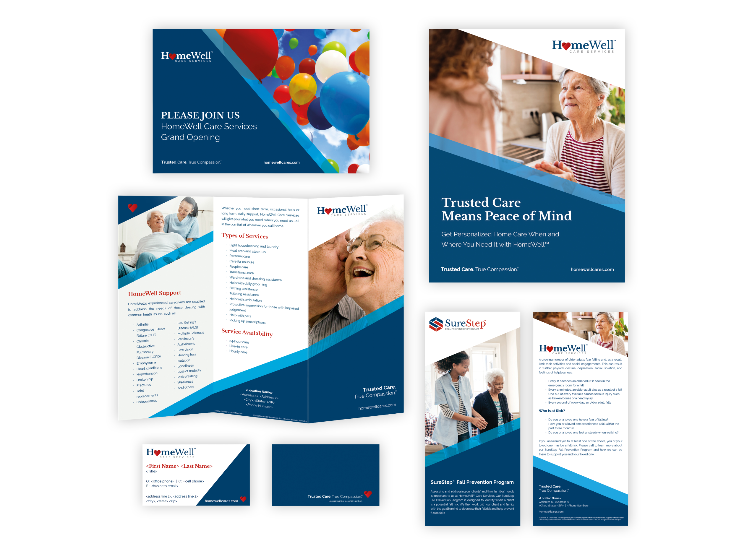 Applied HomeWell collateral including trifolds, business cards, and program materials
