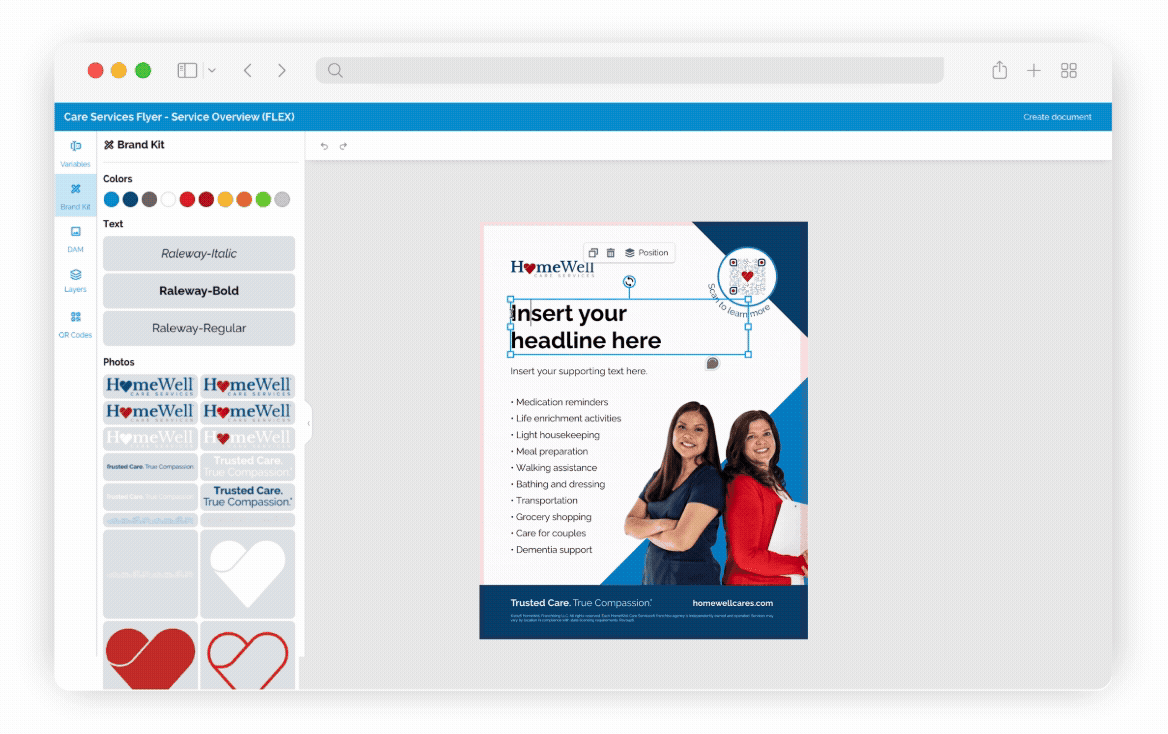 Care Services Flyer template in Flex Studio, Brand Kit panel open