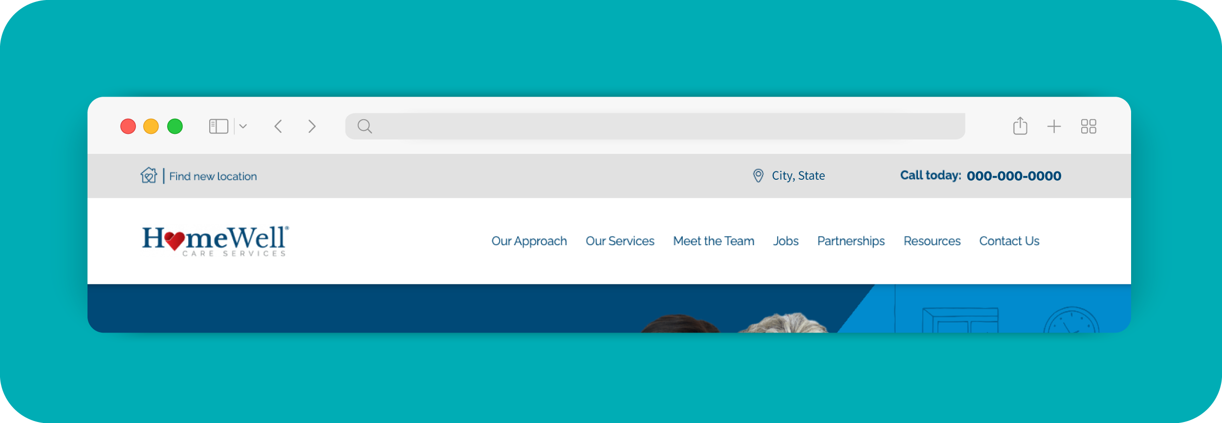 Redesigned utility navigation bar with location, phone number, and discreet brand link