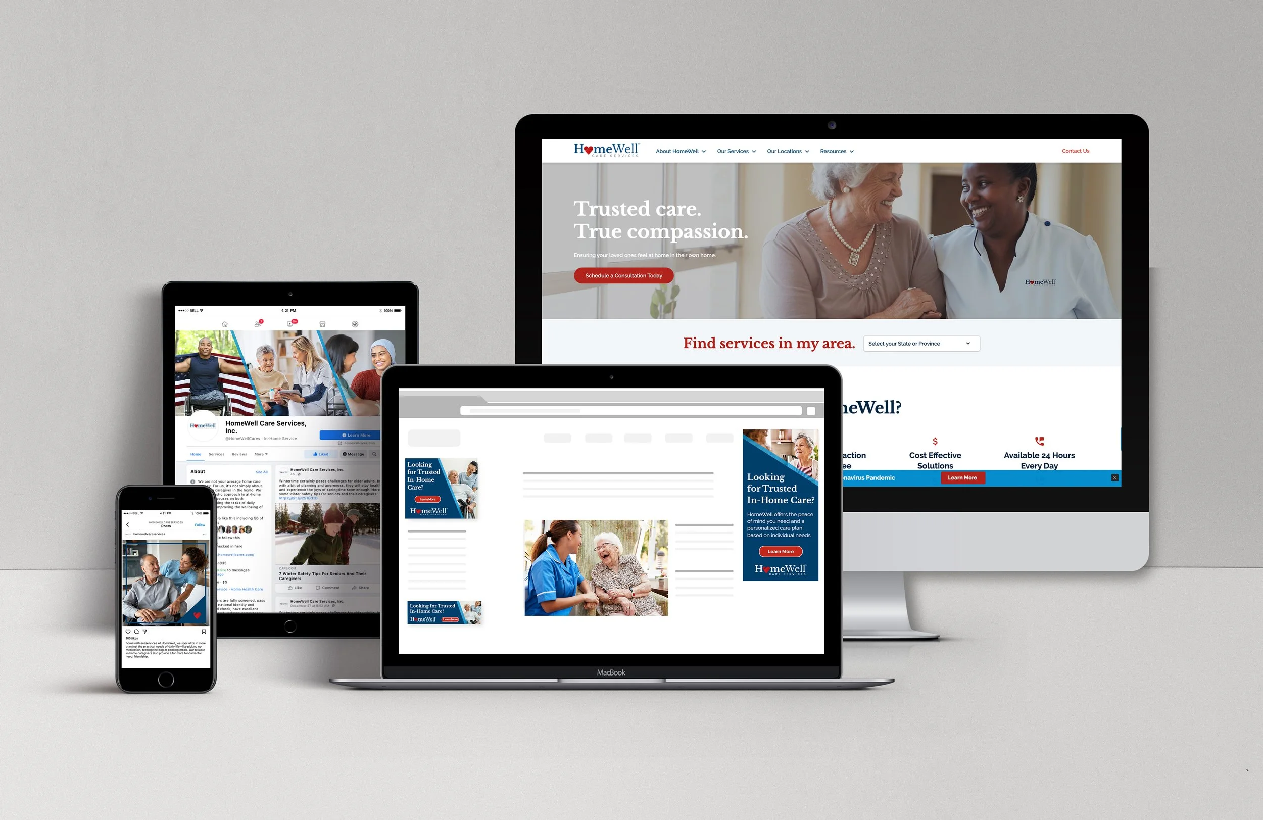 HomeWell Care Services new digital branding across website, social, and ads