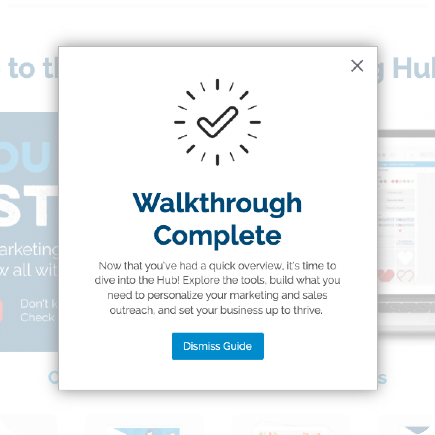 Pendo onboarding walkthrough, final step: Walkthrough Complete