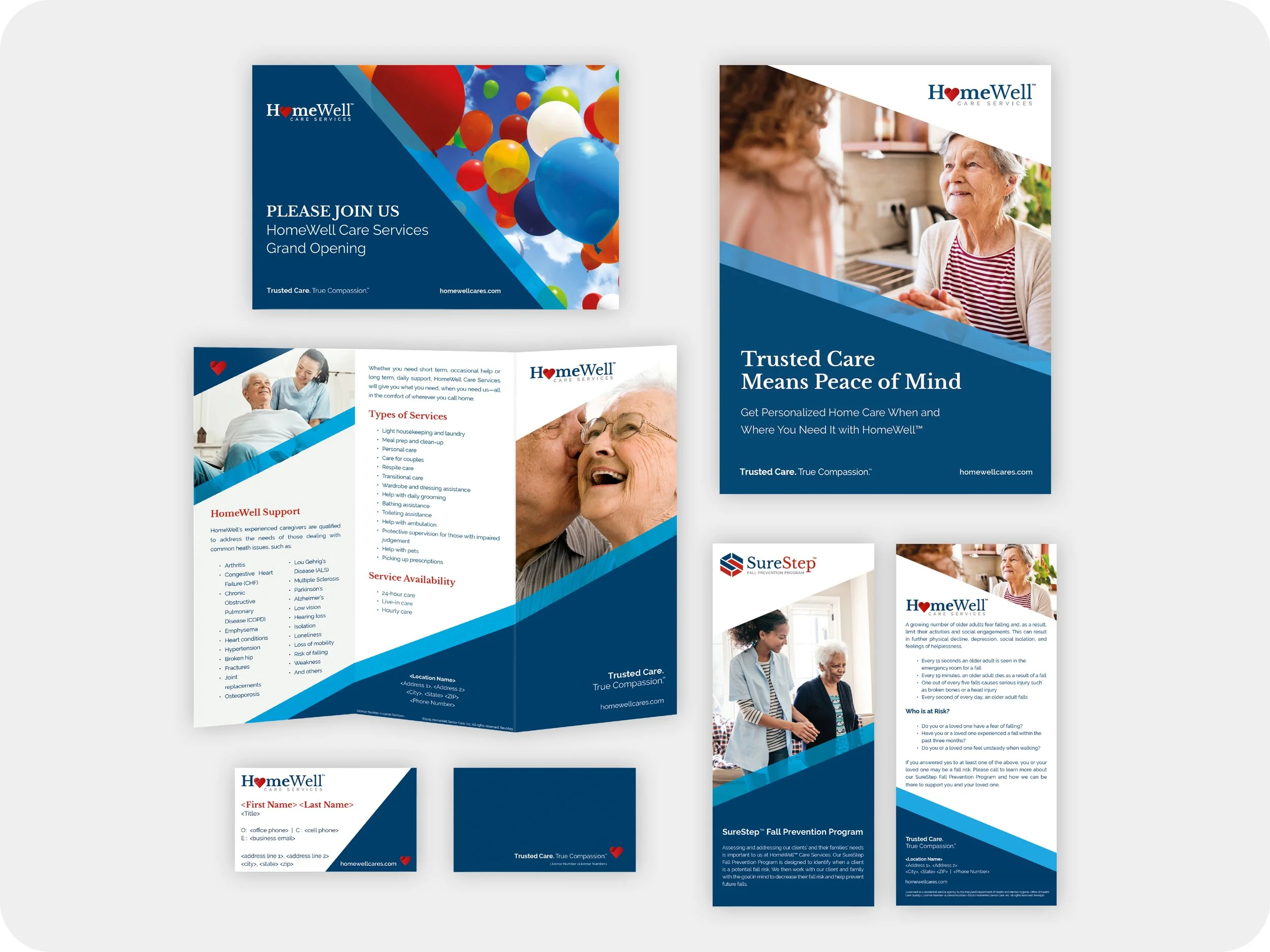 HomeWell Care Services new print collateral including trifolds and business cards