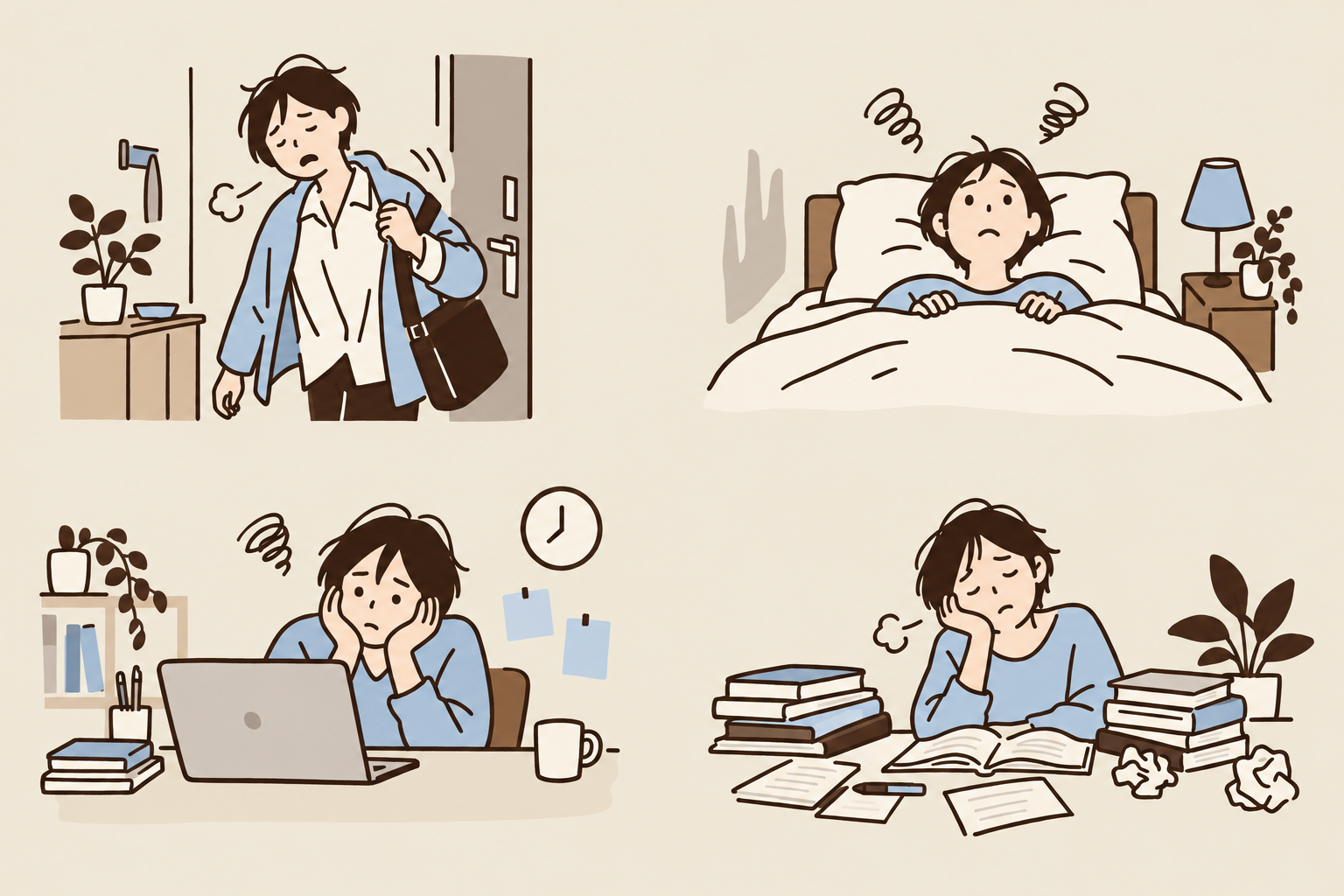 人づかれ、眠れない夜、意欲がわかない時、がんばり疲れた時を描いた4つのイラスト