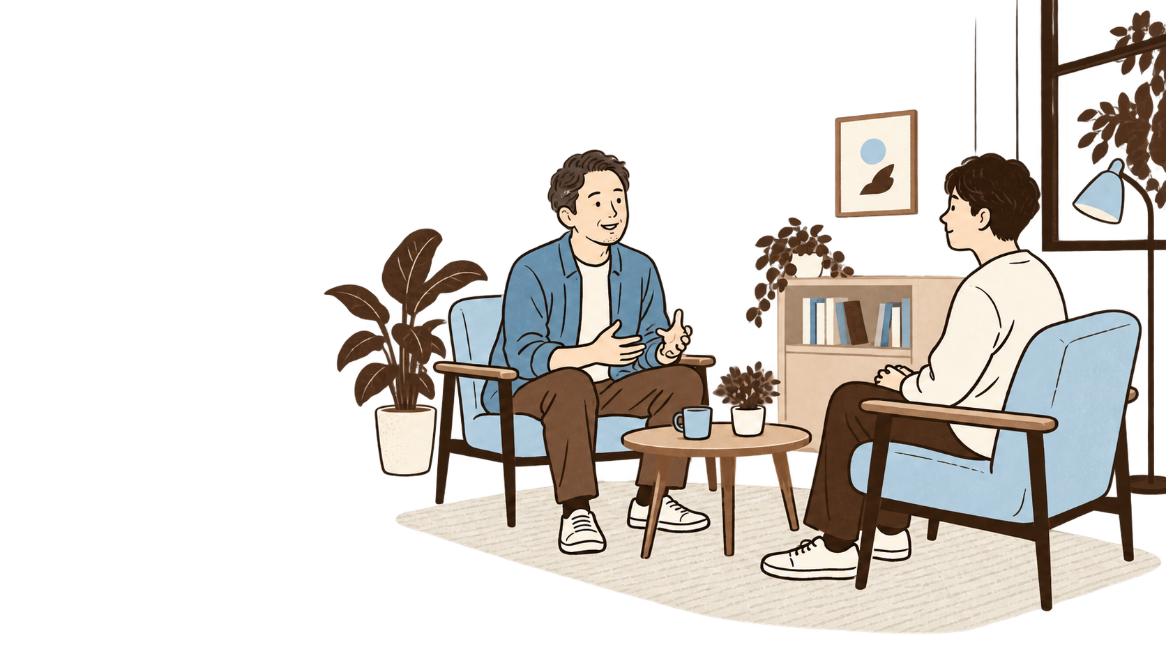 椅子に座り、一対一でゆっくり話す二人のイラスト