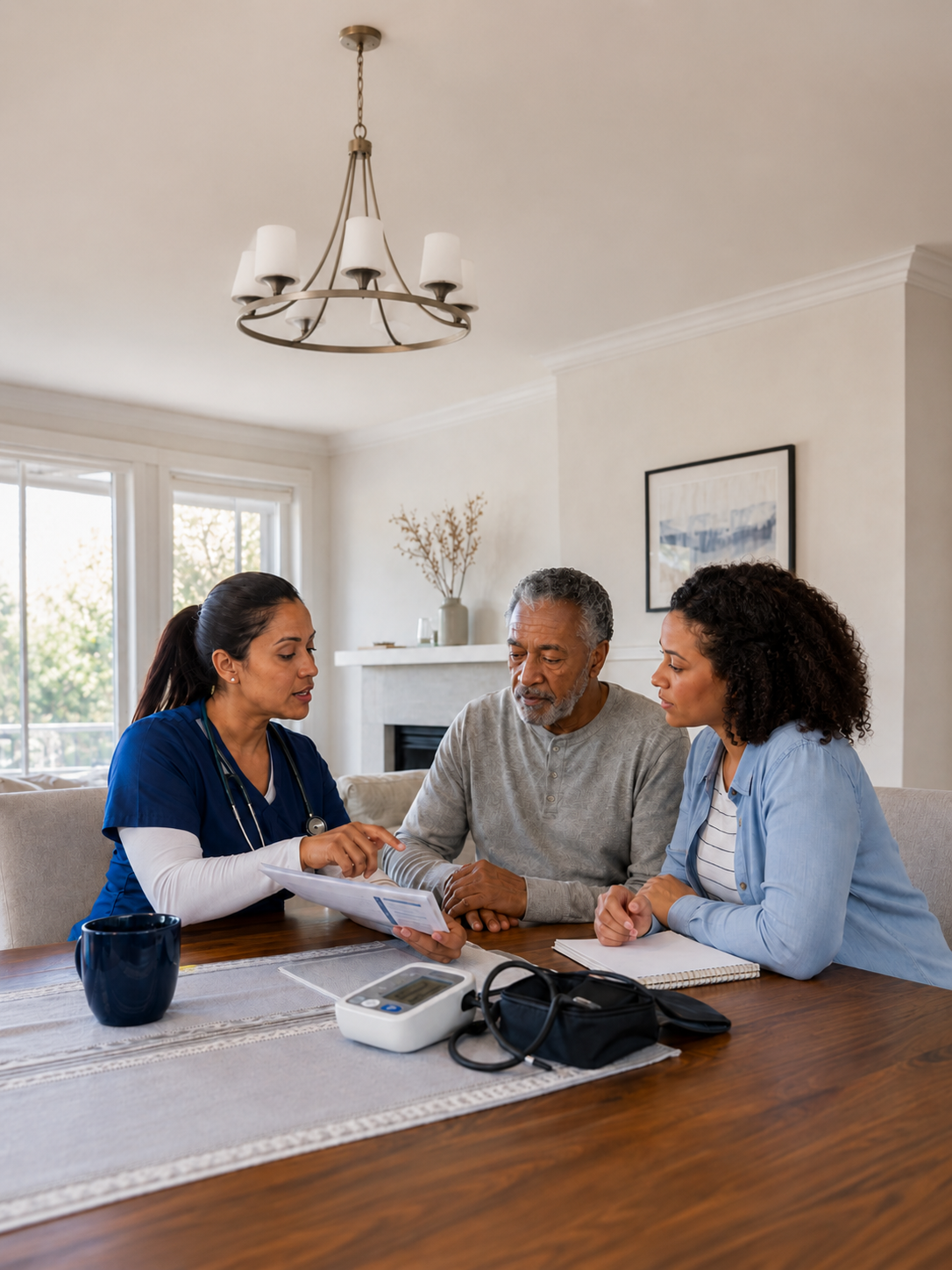 Home health nurse reviewing care instructions with an older patient and family caregiver at home