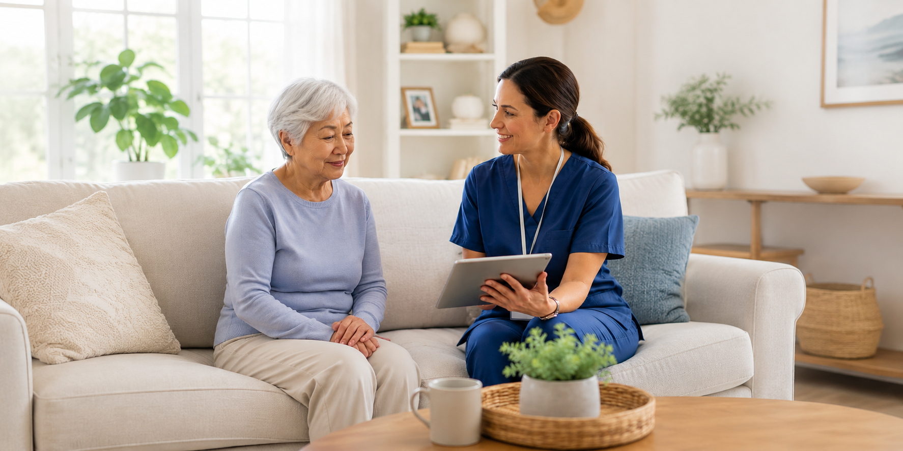 Caregiver and older adult patient in a cozy home living room
