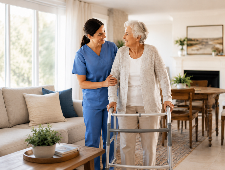 A nurse supporting an older patient