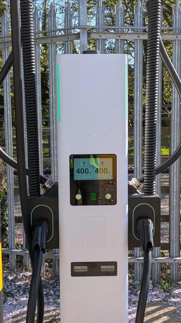 Close view of a 400 kW commercial vehicle charging outlet