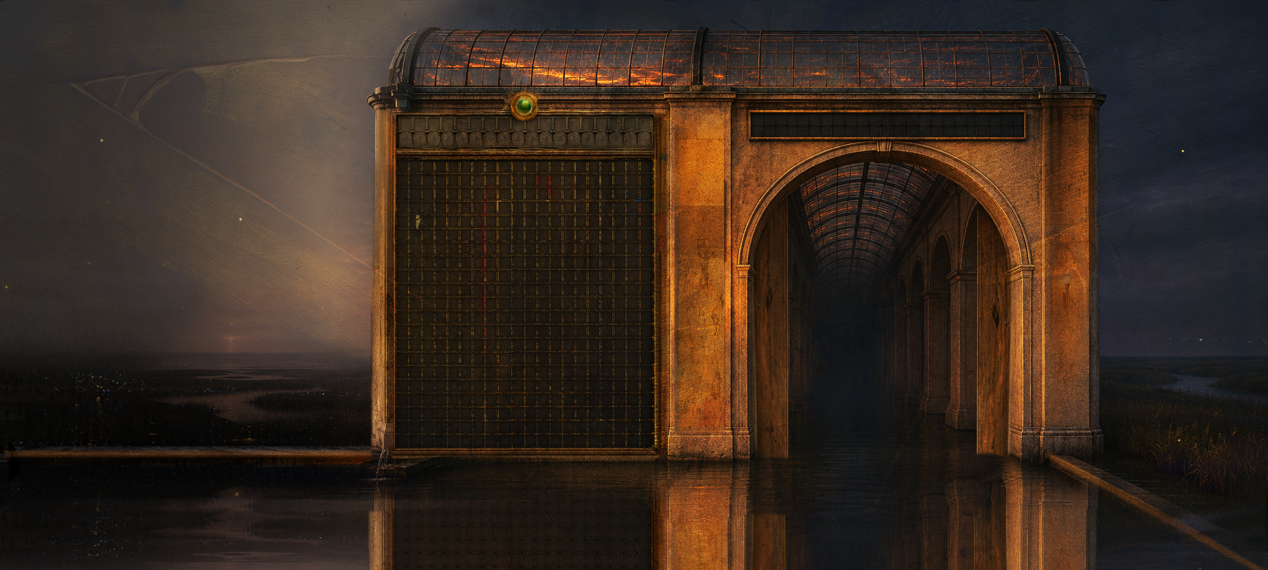 Chesapeake Station at night: a lit station building with a departure board and an arched canal tunnel