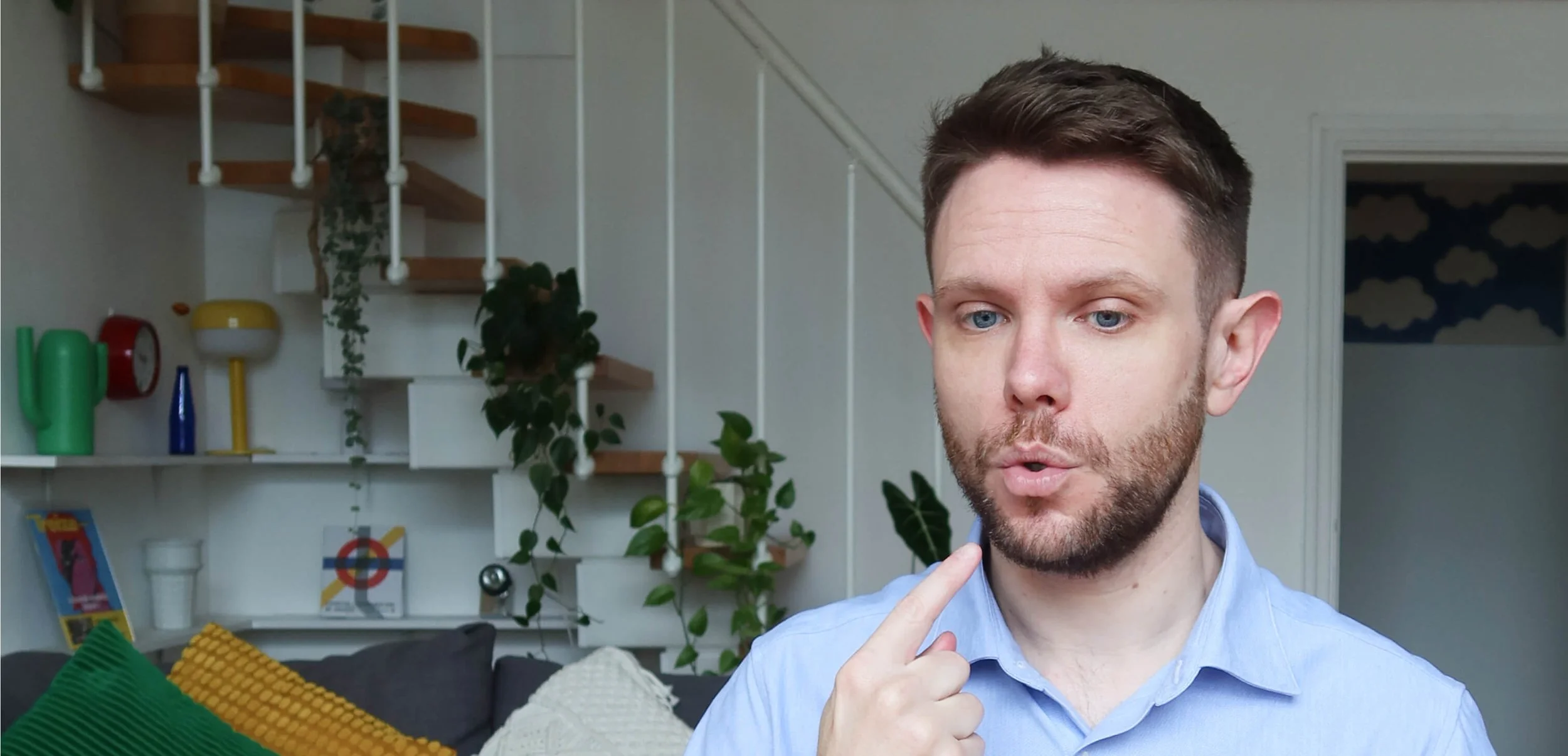 Jamie demonstrating a mouth shape for a pronunciation point