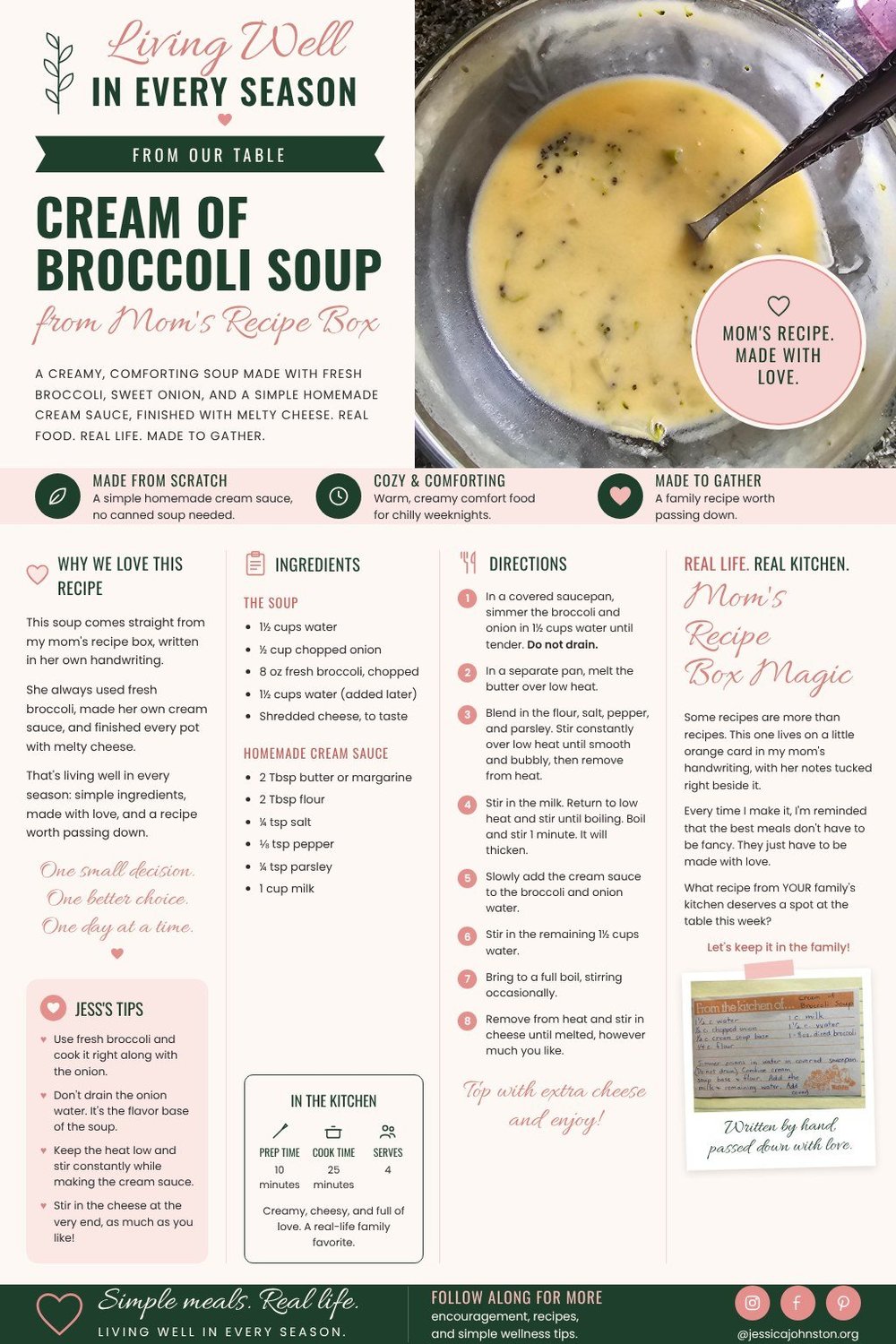 Printable recipe card for Mom's Cream of Broccoli Soup with ingredients and directions