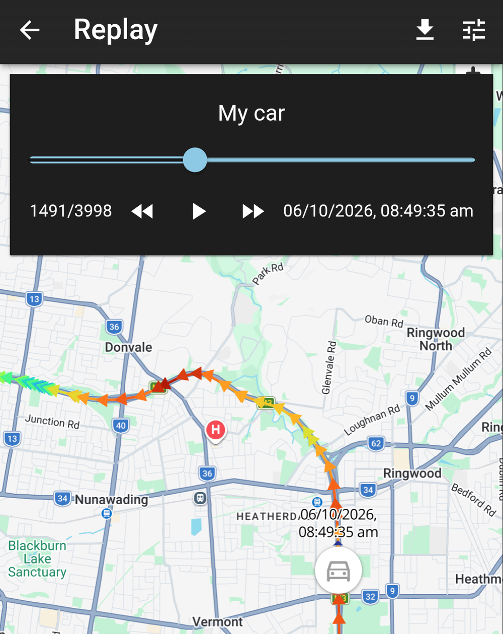 ImmoTrack trip history showing the route plotted through the Melba Tunnel on EastLink
