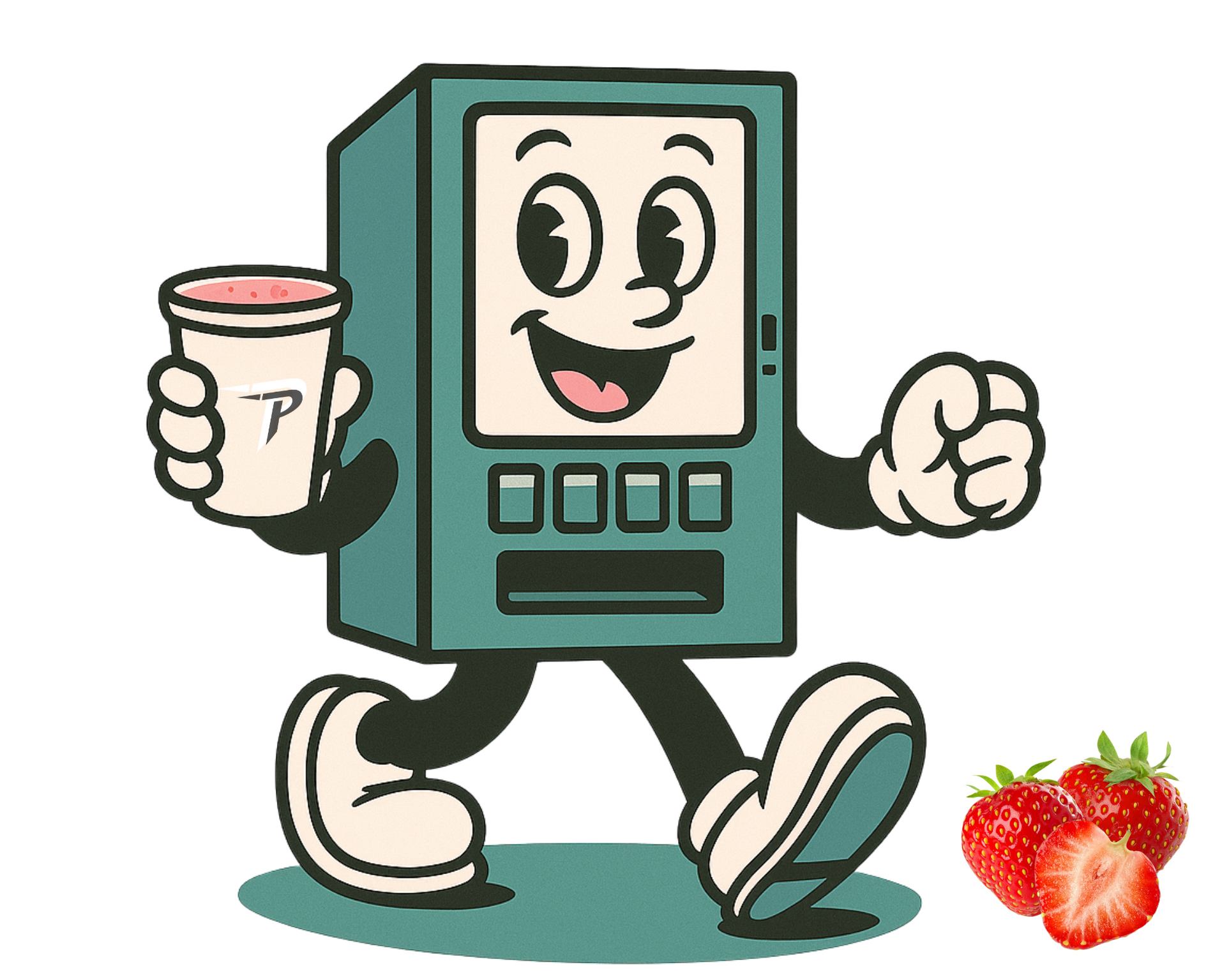Vending machine mascot holding a strawberry shake